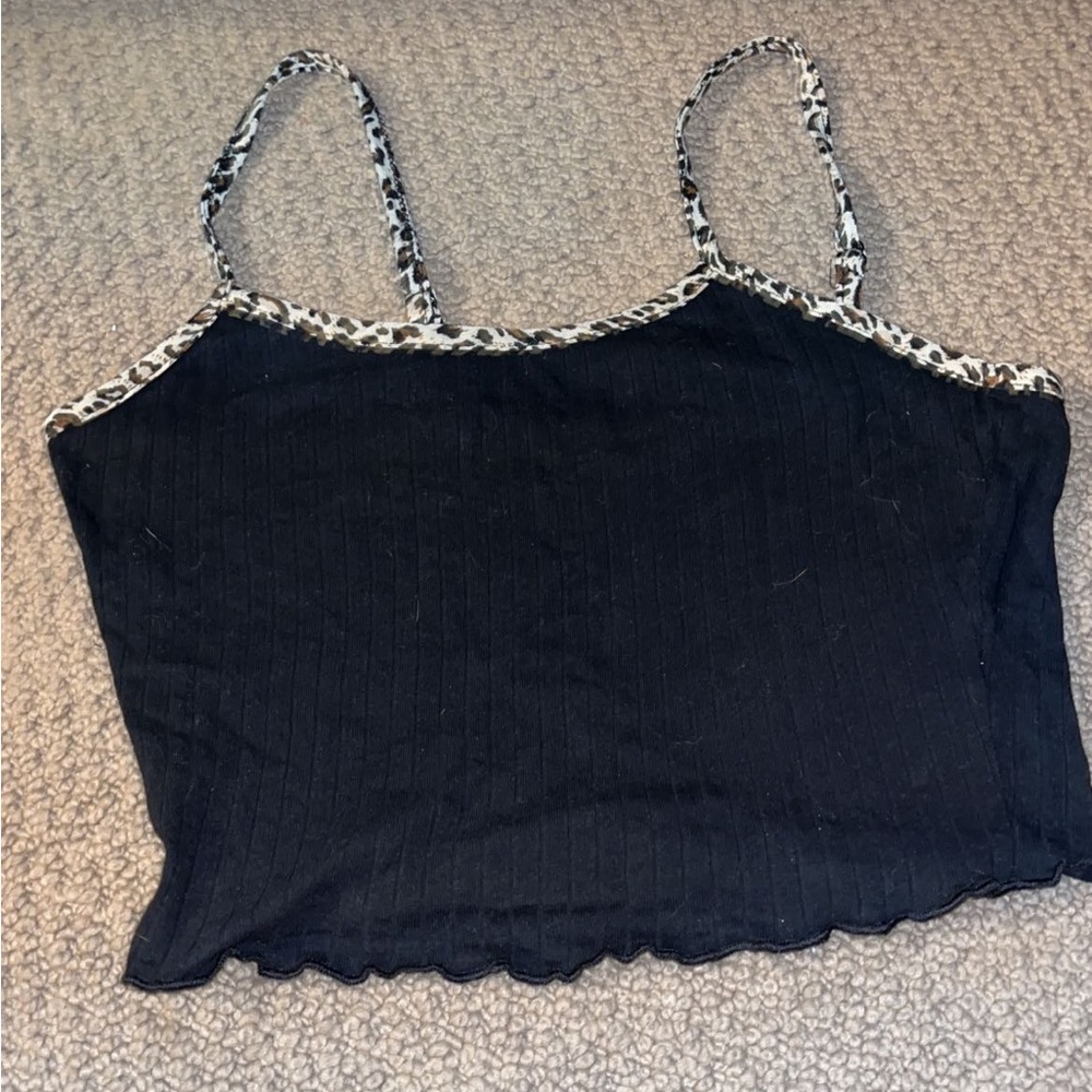 Small black lettuce trim crop top with cheetah print straps